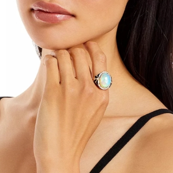 Ethiopian Opal and .32 ct t.w. Diamond Halo and Onyx 14K Gold Ring - Picture 3 of 4